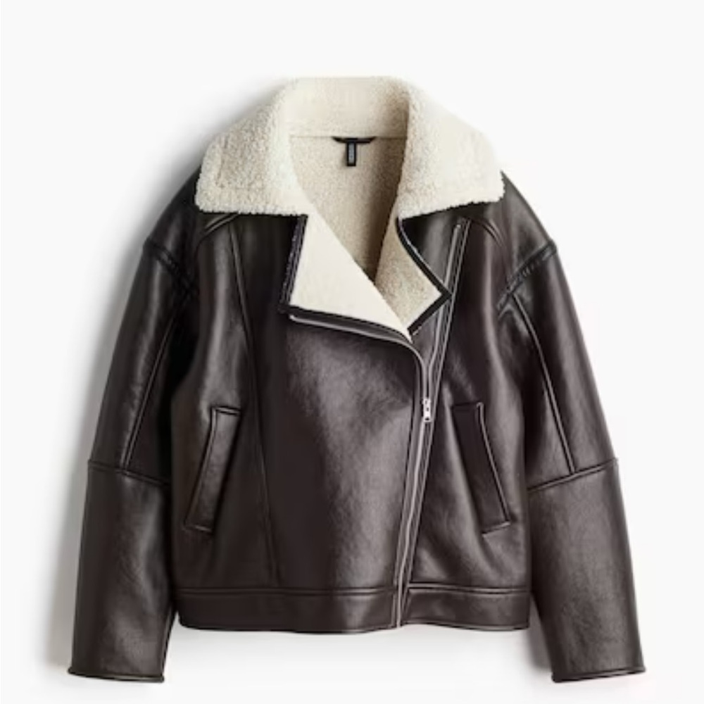 H&M Women’s Double Faced Biker Jacket Brown with Cream Lining -M